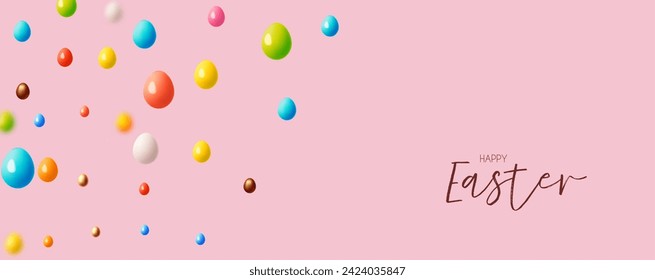 Happy Easter! Holiday background with colorful eggs. Easter eggs on pink background
