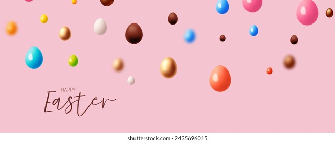 Happy Easter! Holiday background with colorful eggs. Easter eggs on pink background