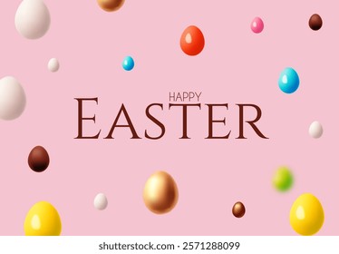Happy Easter! Holiday background with colorful eggs. Easter eggs on pink background