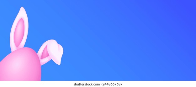 Happy Easter Holiday background with copy space. Pink easter egg with ears of rabbit on blue background. Vector illustration.
