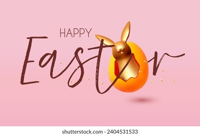 Happy Easter! Holiday background with cute bunny in golden egg. Easter rabbit and eggs on pink background