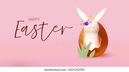 Happy Easter! Holiday background with cute bunny in golden egg. Easter rabbit and eggs on pink background