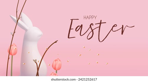 Happy Easter! Holiday background with cute bunny, spring branches and tulip flowers. Easter rabbit and eggs on pink background
