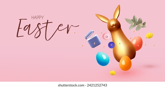 Happy Easter! Holiday background with cute bunny, colorful eggs and gift box. Easter rabbit and eggs on pink background
