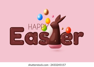 Happy Easter! Holiday background with cute bunny and colorful eggs. Easter rabbit and eggs on pink background.