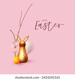 Happy Easter! Holiday background with cute bunny and colorful eggs. Easter rabbit and eggs on pink background.