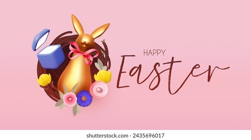 Happy Easter! Holiday background with cute gold bunny and pink bow. Easter rabbit on pink background.