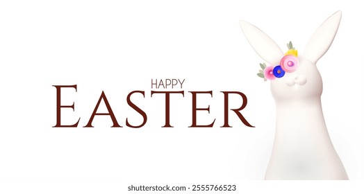 Happy Easter! Holiday background with cute bunny with flower wreath. Easter product display and eggs on white background