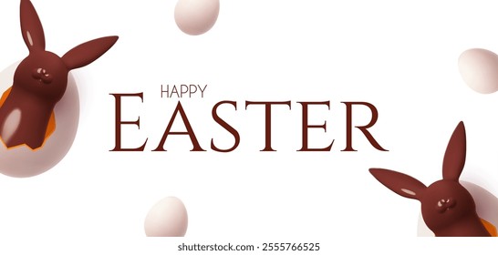 Happy Easter! Holiday background with cute chocolate brown bunny in white egg. Easter rabbit and eggs on white background