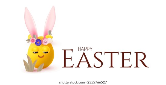 Happy Easter! Holiday background with cute smiling egg with rabbit ears and flowers. Easter bunny and eggs on white background