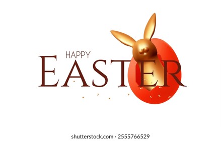 Happy Easter! Holiday background with cute bunny in red egg. Easter rabbit and eggs on white background