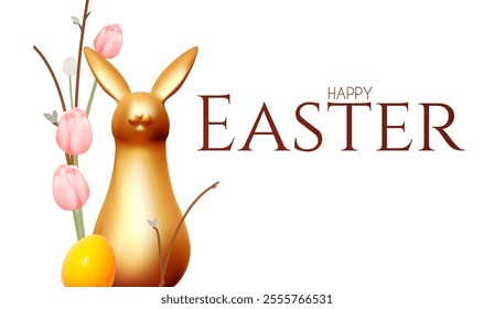 Happy Easter! Holiday background with cute bunny, tulip flowers and colorful eggs. Easter rabbit and eggs on white background