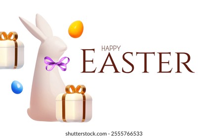 Happy Easter! Holiday background with cute bunny, colorful eggs and gift box. Easter rabbit and eggs on white background