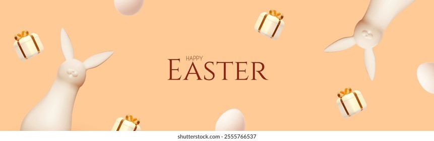 Happy Easter! Holiday background with cute bunny and gift box. Easter product display and eggs on yellow background