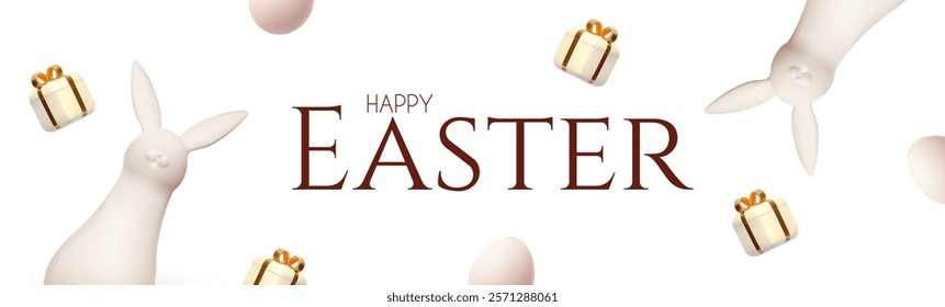 Happy Easter! Holiday background with cute bunny and gift box. Easter product display and eggs on white background