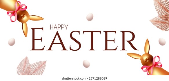 Happy Easter! Holiday background with cute gold bunny, white eggs, gold leaves and pink bow. Easter rabbit on white background