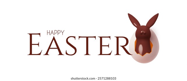 Happy Easter! Holiday background with cute chocolate brown bunny in white egg. Easter rabbit and eggs on white background