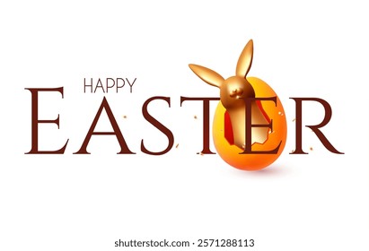 Happy Easter! Holiday background with cute bunny in gold egg. Easter rabbit and eggs on white background