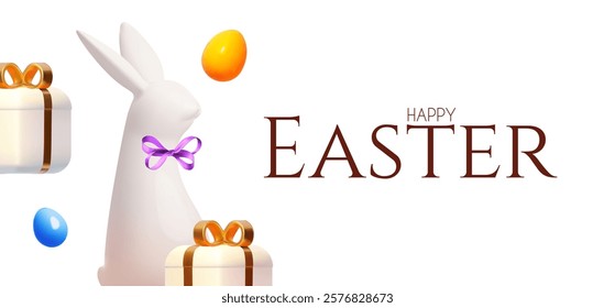 Happy Easter! Holiday background with cute bunny, colorful eggs and gift box. Easter rabbit and eggs on white background