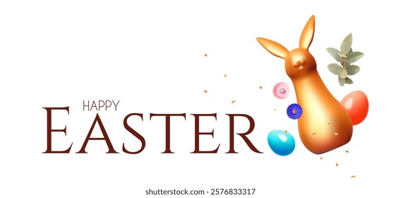 Happy Easter! Holiday background with cute gold bunny and colorful eggs. Easter rabbit and eggs on white background