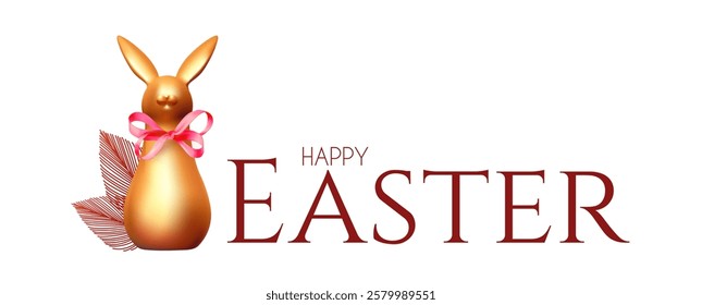 Happy Easter! Holiday background with cute gold bunny and pink bow. Easter rabbit on white background