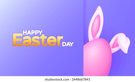 Happy Easter Holiday background design template. Pink easter egg with ears of rabbit on violet background. Vector illustration.