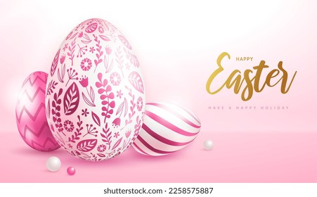 Happy Easter holiday background with easter eggs and floral ornament. Greeting card or poster. Vector illustration