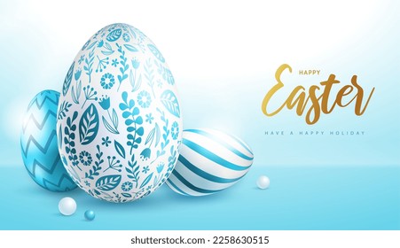 Happy Easter holiday background with easter eggs and floral ornament. Greeting card or poster. Vector illustration