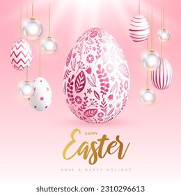 Happy Easter holiday background with easter eggs and floral ornament. Greeting card or poster. Vector illustration