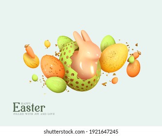 Happy Easter Holiday background. Festive design with realistic decoration elements, Easter bunny and eggs. Soft pastel spring colors. Banner, web poster, flyer cover, stylish brochure, greeting card.