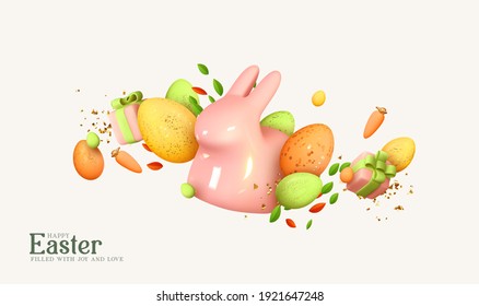 Happy Easter Holiday background. Festive design with realistic decoration elements, Easter bunny and eggs. Soft pastel spring colors. Banner, web poster, flyer cover, stylish brochure, greeting card.