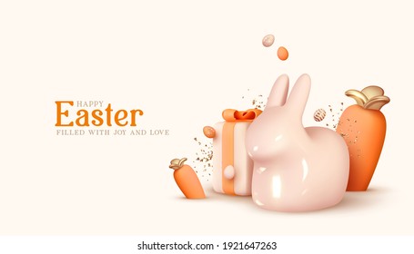 Happy Easter Holiday background. Festive design with realistic decoration elements 3d rabbit and gift box. Easter bunny and eggs. Banner, web poster, flyer cover, stylish brochure, greeting card.