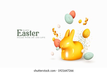 Felices vacaciones de Pascua. Diseño festivo con elementos de decoración realistas, conejo de Pascua y huevos. Colores suaves de primavera pastel. Cartel, afiche web, portada de volante, folleto elegante, tarjeta de saludo.