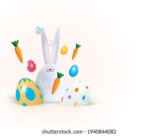 Felices vacaciones de Pascua. Diseño festivo con detalles realistas de decoración en 3d y pollo. Flores de primavera y huevos. Cartel, afiche web, portada de volante, folleto elegante, tarjeta de saludo.Vector 