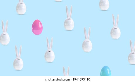 Happy Easter holiday background. Festive design with realistic 3D bunny decor elements and ceramic eggs. Banner, web poster, flyer cover, stylish brochure, greeting card. Vector illustration
