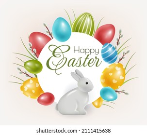 Frohe Osterferien-Hintergrund. Festliches Design mit realistischen Dekorationselementen 3D Kaninchen. Osterhasen und Eier. Banner, Webposter, Flyer-Cover, stilvolle Broschüre, Grußkarte.