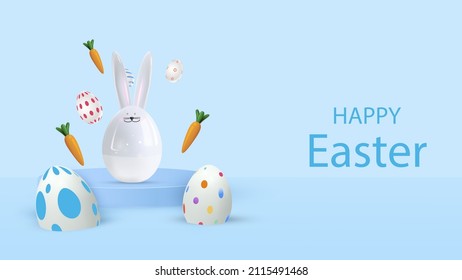 Happy Easter holiday background. Festive design with realistic 3D bunny and decorative elements. Flying carrots and Easter eggs. Banner, web poster, flyer cover, stylish brochure, greeting card.Vector