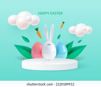 Happy Easter holiday background. Festive design with realistic 3D bunny and decorative elements. Spring leaves and eggs. Flying carrot. Banner, web poster, flyer cover, stylish brochure, greeting card
