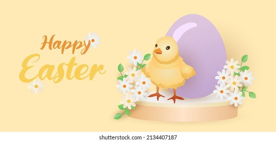 Happy Easter holiday background. Festive design with realistic 3D chick and decorative elements. Spring flowers and Easter eggs.