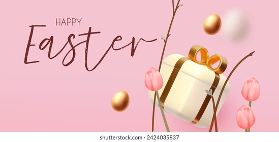 ¡Feliz Pascua! Fondo de vacaciones con caja de regalo, rama de primavera, flores de tulipán y huevos coloridos. Presentación de productos de Semana Santa y huevos en fondo rosa