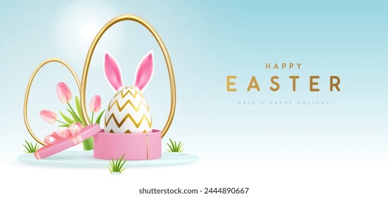 Happy Easter holiday background with gift box and Easter egg with rabbit ears. Vector illustration