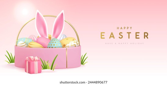 Happy Easter holiday background with gift box, basket, eggs and rabbit ears inside. Vector illustration