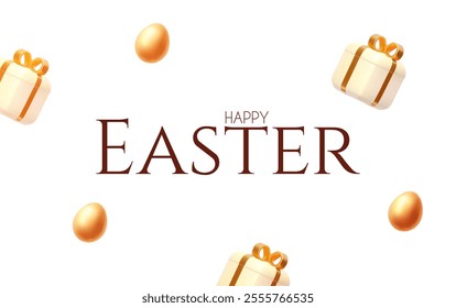 Happy Easter! Holiday background with gift box and gold eggs. Easter product display and eggs on white background