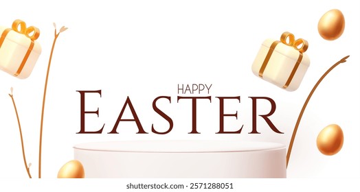 Happy Easter! Holiday background with gift box and colorful eggs. Easter product display and eggs on white background