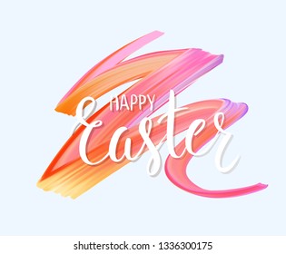 Happy Easter holiday background. Handwritten modern calligraphy text. Wavy colorful brush stroke line. Watercolor or acrylic paint imitation. Template for your designs.