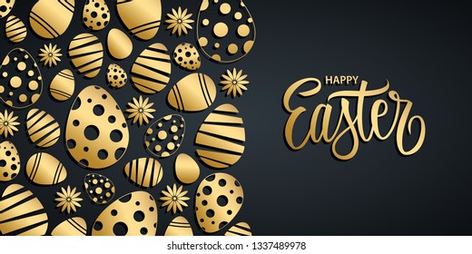 Happy Easter holiday background with handwritten easter greetings and gold colored easter eggs. Vector illustration.