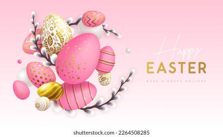 Happy Easter holiday background with pink Easter eggs and willow branches. Greeting card or poster. Vector illustration