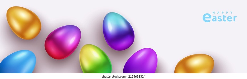 Happy Easter holiday background and realistic 3d border made bright gradient colored eggs for holiday greeting banner  website header  card  horizontal poster  Vector multi colored Easter eggs  