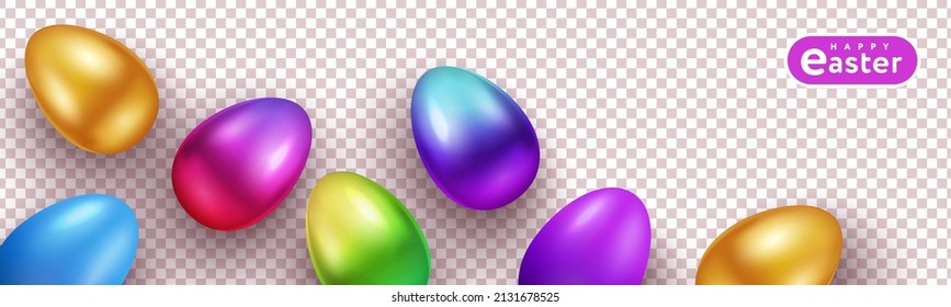 Happy Easter holiday background and realistic border made bright 3d gradient colored eggs isolated background for holiday greeting banner  website header  card  horizontal poster  decoration  