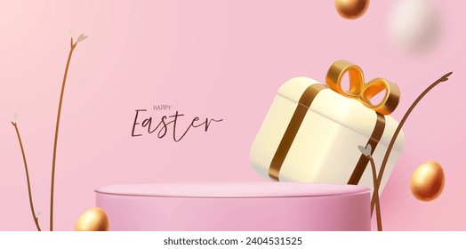 ¡Feliz Pascua! Fondo de vacaciones con podio redondo, caja de regalo y huevos coloridos. Presentación de productos de Semana Santa y huevos en fondo rosa